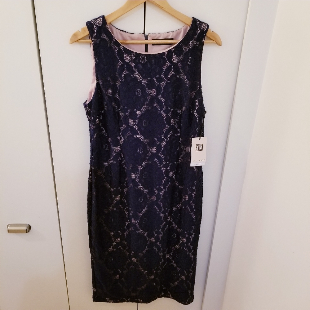 Ivanka Trump Navy Lace Sleeveless Midi Dress with Light Pink Lining